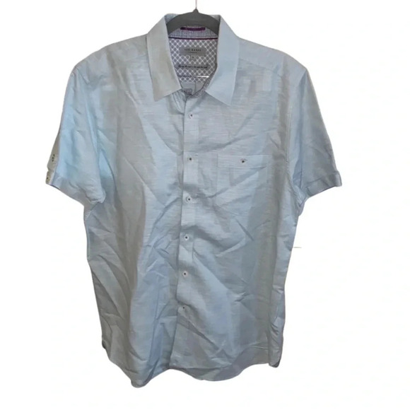 Ted Baker Light Blue Linen Blend Short Sleeve Button Down Shirt Size 5 16.5 - Picture 1 of 5